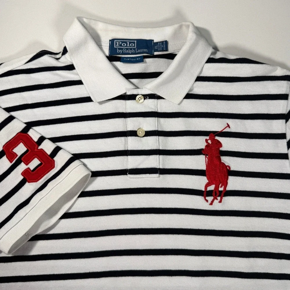 Polo Ralph Lauren Big Pony Striped Polo Shirt Youth/Boys XL White Navy Blue Red‎